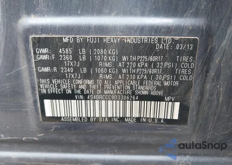 2013 Subaru Outback 2.5I Premium из США, поврежденный, VIN 4S4BRCCC9D3306264